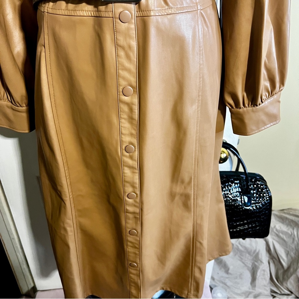 Womens Caramel Faux Leather Retro Puff Sleeve Boho Button Duster Dress Coat 1XP - Picture 4 of 16